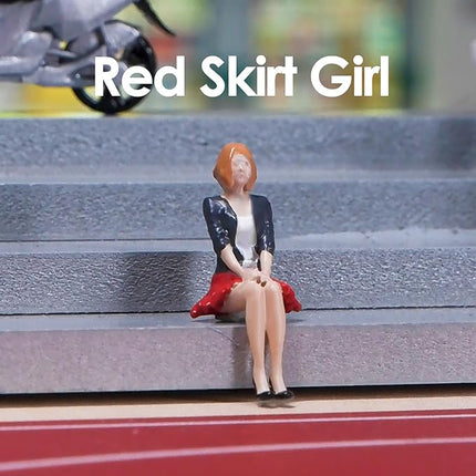 Painted Figure 1:64 Scale Mini Model Trains Architectural Plastic People Figures Sitting Red Skirt Girl Figure Model,Suitable for Miniature Scenes(64029B)