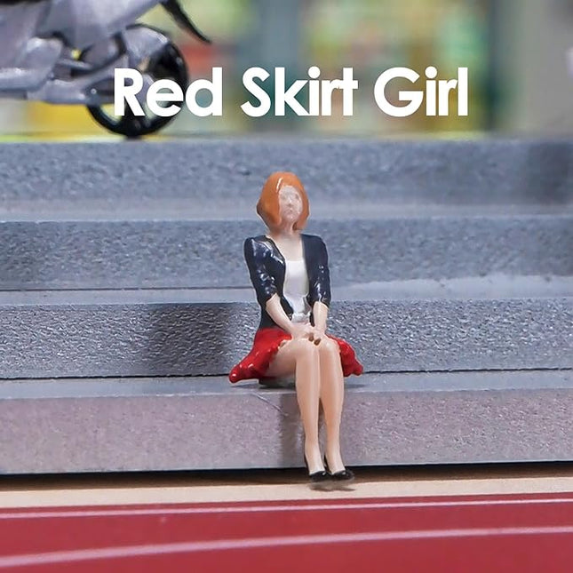 Painted Figure 1:64 Scale Mini Model Trains Architectural Plastic People Figures Sitting Red Skirt Girl Figure Model,Suitable for Miniature Scenes(64029B)