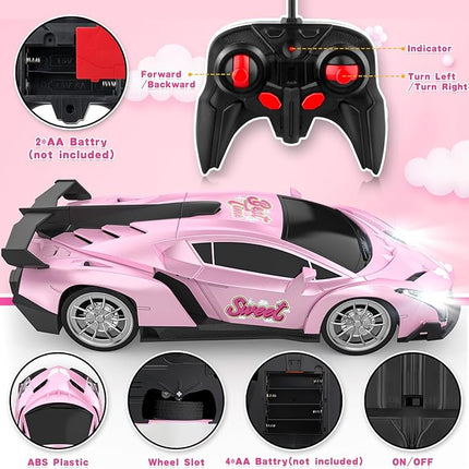 Growsland Remote Control Car for Girls, 1:18 Pink RC Cars Toys for Kids Girl Electric Vehicle Toy Car Hobby Racing Car with Lights & Controller, Birthday Gifts for Girl Boys Age 3 4 5 6 7 8 9 Year Old