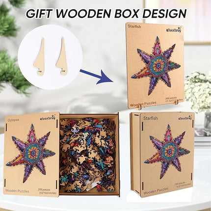 Starfish Wooden Puzzles 200 Pieces, Ocean Puzzles for Adults, Unique Shape Animal Adult Puzzles, Irregular Wooden Best Gift for Adults Family Game (14.3x14.3 in)