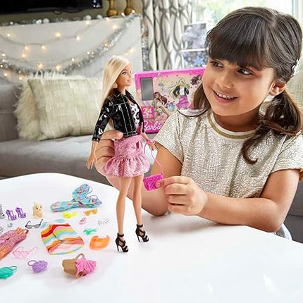 Barbie Advent Calendar with Barbie Doll (12-in), 24 Surprises Including Day-to-Night Trendy Clothing & Accessories, Festive Holiday Themed Packaging for Kids 3 to 7 Years Old