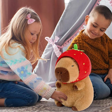 Ditucu Cute Capybara Plush Wear Strawberry Hat Soft Capibara Stuffed Animal Plushies Toys Hugging Gifts for Kids Brown 13 inch
