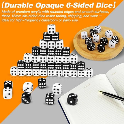 50 Pieces White Black Dice Set (16mm 6-Sided) - 25 White Dice and 25 Black Dice with Bold Pips for Board Games, Math Learning, Educational Activities, Family Game Nights