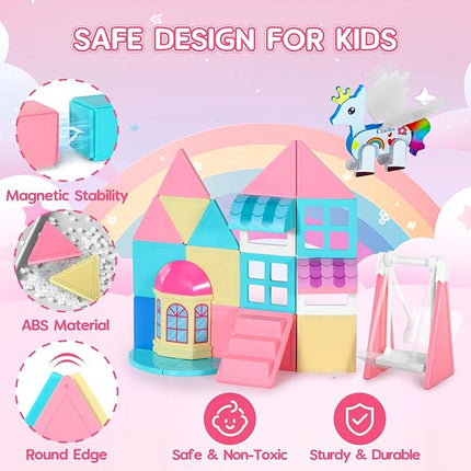 Unicorn Toys for Girls Age 4-6, Unicorn Magnetic Tiles, Movable Magnetic Tiles 3D Educational Toy, Magnetic Building Blocks for Kids, Magnetic Construction Set, Xmas Birthday Gifts for Boys and Girls