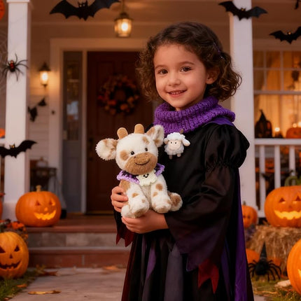 Hopearl Adorable Halloween Plush Cow Toy with Knitted Cute Ghost Bib Floppy Dairy Cattle Soft Stuffed Animal Gifts for Boys Girls Kids Toddlers, Light Brown, 9''