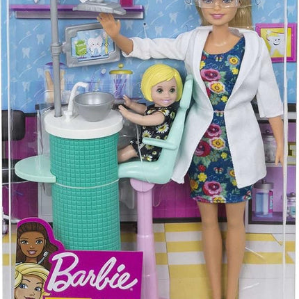 Barbie Careers Playset, Dentist Set with Brunette Fashion Doll, 1 Blonde Toddler Small Doll, Furniture & Accessories