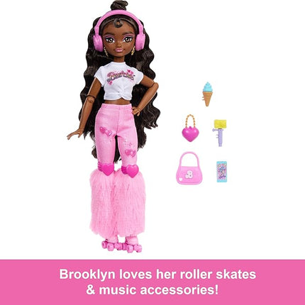 Barbie Dream Besties Doll and Accessories, Barbie Brooklyn” Posable Roller Skating Fashion Doll with Dark Brown Hair, 9 Music & Video Themed Pieces