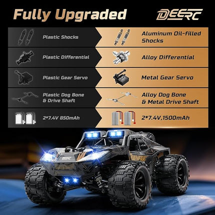 DEERC 1:14 Crawler RC Car, 48Kph High Speed RC Truck with LED Headlight for Boys Aldult, Offroad 4x4 2.4Ghz Remote Control Car, Monster Truck Toy, 2 Batteries, 40 Mins Running Time