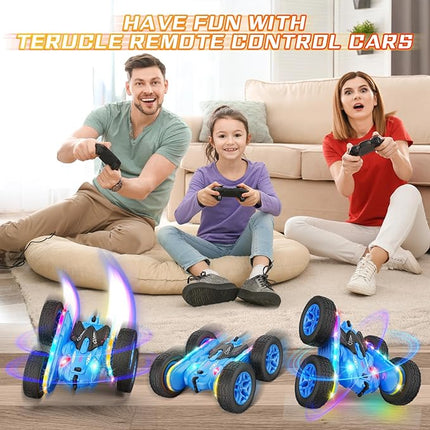 Remote Control Car, Rc Cars Stunt Kids Toys New Upgraded Strip Lights and Headlights Double-Sided 360° Rotating 4WD Drift Truck for Boys Girls Birthday Gift (Blue)
