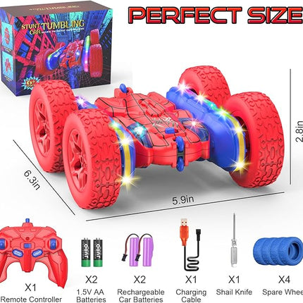 Remote Control Car Spider Rc Cars New Upgraded Strip Lights and Headlights Car Toys Double-Sided 360° Rotating Rc Truck for Boys Girls Birthday Gift (Red)