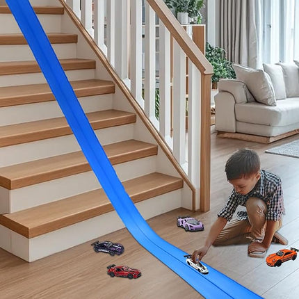 Flex Track 15 Ft Starter Set – Flexible Race Car Ramp Track for Kids, Double-Sided Racetrack for 1:64 Diecast Cars, Compatible with Hot Wheels, Ages 3 & Up with Suction Cups，Blue
