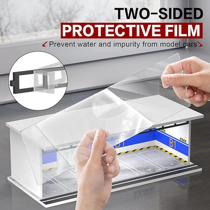 1/64 Scale Diecast Display Case for Hot Wheels Matchbox Cars, Toy Car Model Mini Garage with LED Light and Acrylic Cover, Stackable Parking Lot Diorama Storage for Collection Present