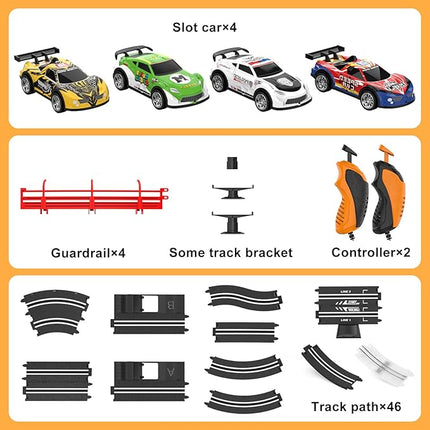 2-in-1 Slot Car Race Track Set with 4 High-Speed Cars, Electric Track, Dual Racing Game with 2 Controllers, Circular Overpass Design Featuring Flash Tracks. Toy Gift for Boys Kids Ages 4-6 6-8 8-12