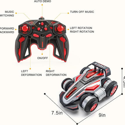 RC Cars, 2.4 GHz Fast Stunt RC Car, 4WD 360° Rotating RC Trucks with lights and music, High Speed Off Road Stunt Truck, upright walking cars, Remote Control Car Toy for 6-12 Boys and Girls(RED)