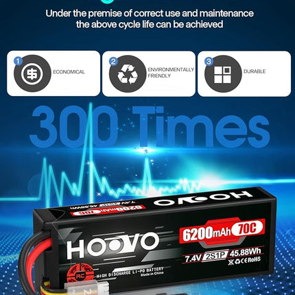 HOOVO 7.4V 70C 6200mAh 2S Lipo Battery Hard Case with Tracxas Plug for RC Car RC Helicopter RC Truck RC Truggy Airplane Quadcopter UAV Drone FPV (2 Packs