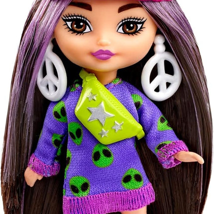 Barbie Extra Mini Minis Doll with Brunette Hair, Alien Sweater Dress & Peace Sign-Themed Accessories & Stand, 3.25-inch