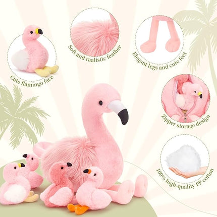 MorisMos Plush Flamingo Stuffed Animals-18in Mommy Stuffed Flamingo with 4 Baby Bird Toys for Girls Boys,Pink Bird Stuffed Animal Gift for Kids Women Birthday Decor Baby Shower Christmas
