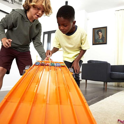 Hot Wheels Toy Car Playset with Lights, Sounds & 6 1:64 Scale Vehicles, Super 6-Lane Raceway, 8-foot Track that Rolls Up for Storage (Amazon Exclusive)