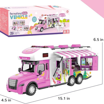 Remote Control Camper Toys, RC Truck for Boys Pull Back Model Car Doors & Awning Open Light Sound, RC Food Car Age 3 4 5 6 7 8 Kids Toddlers Birthday Gifts