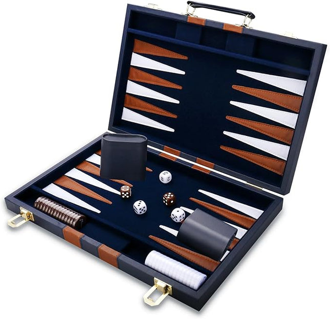 Backgammon Set - Classic Board Game with Premium Leather Case - Portable Travel Strategy Backgammon Game Set for Adults, Kids - Suitable as (18inch, Navy)