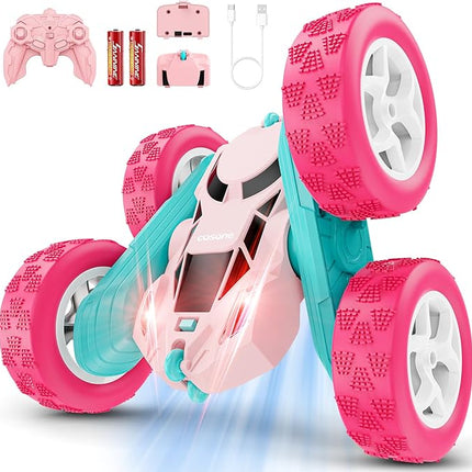 RC Cars, Pink Remote Control Car for Girls, 2.4 GHZ Double Sided RC Stunt Car 360 Rotating Remote Control Cars with Headlights Toys for 6 7 8 9 10 11 12 Girls Birthday Gift