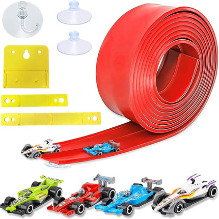 15 Ft Flexible Race Car Track, Portable Dual-Sided Race Car Track with 4 Cars & Suction Cups, Compatible with Hot Wheels & 1/64 Diecast Cars, Kids’ Car Ramp & Race Track (red)