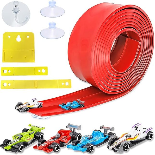 15 Ft Flexible Race Car Track, Portable Dual-Sided Race Car Track with 4 Cars & Suction Cups, Compatible with Hot Wheels & 1/64 Diecast Cars, Kids’ Car Ramp & Race Track (red)