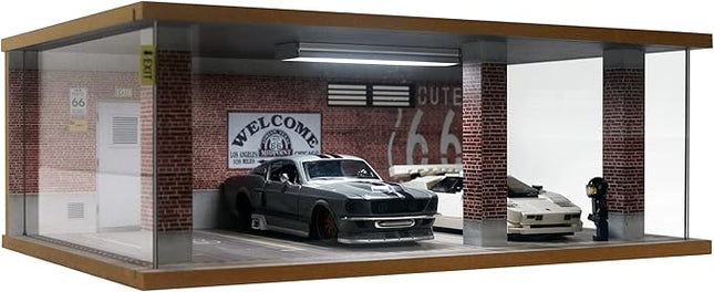 Lego Cars Speed Champions Display Case with Acrylic Cover and LED Lighting for 1/24 Scale Diecast Cars, 3 Parking Spaces (Route 66)