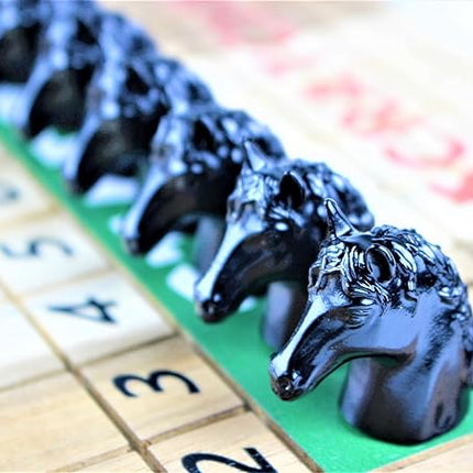 Metal Horse Race Board Game Set with Horse Racing Thick & Solid Wood Game Board, 11 Luxurious & Durable Classic Black Colored Metal Craft Horses, Dice and Cards for Horseracing (HR-652)