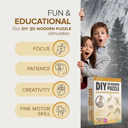 Hands Craft DIY 3D Wooden Puzzle – 6 Assorted Dinosaur Bundle Pack Set Brain Teaser Puzzles Educational STEM Toy Adults and Kids to Build Safe and Non-Toxic Easy Punch Out Premium Wood JP2B1