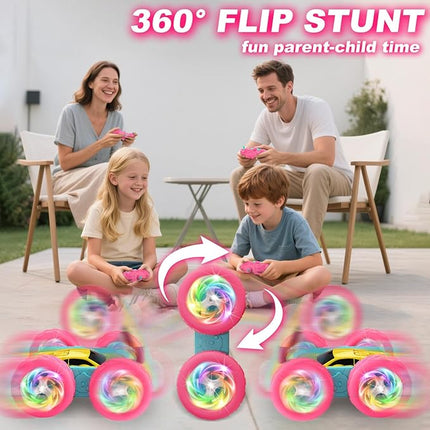 Remote Control Car, RC Cars for Girls, Double-Sided 4WD Stunt Car with RGB Lights & 360° Flips, USB-C Modular Batteries, Toys for Ages 5–7, Birthday Gift for 6+ Year Old Girl, Yellow-Pink