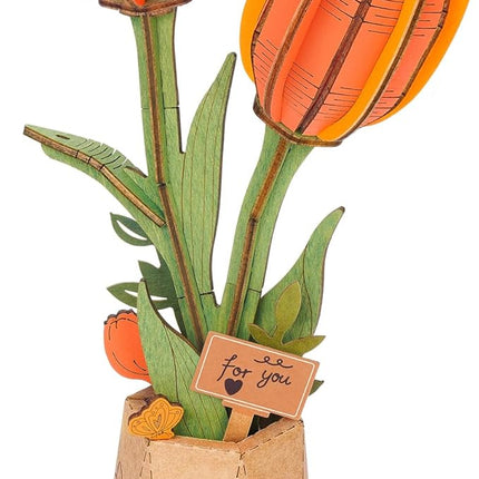 rowood Wooden Flower,DIY Artifical Flower Building Set Craft Kit for Adults,Mother's Day/Valentine's Day for Mom/Women/Grandma-Orange Tulip