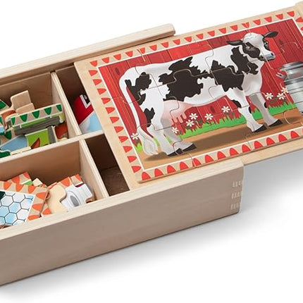 Melissa & Doug 4‑in‑1 Wooden Farm Jigsaw Puzzle Set, 48 Pieces with Storage Box, Toddler Puzzle Toy for Kids Ages 3+