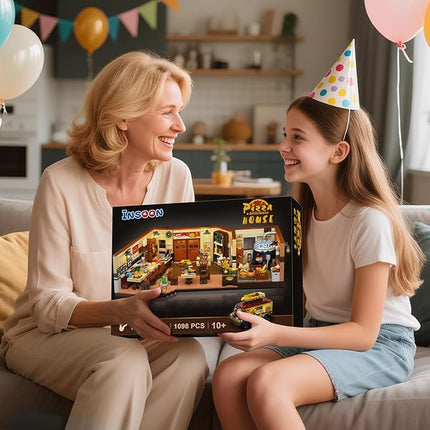 City Street Pizza Restaurant Building Set with Light, 1098PCS Pizzeria House Architecture Model with Retro Pizza Van, Home Decor Construction Building Block Gift for Adults Teens Boys Girls 12+
