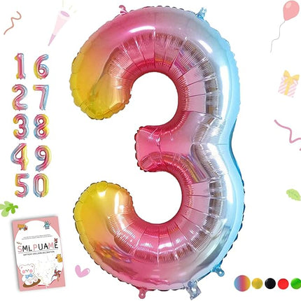 Smlpuame 40 Inch Number Balloons 0-9 Rainbow Gradient Large Number 3 Balloons, Digital Balloons for Birthday Party Celebration Decorations, Helium Foil Number Balloons for Wedding Anniversary