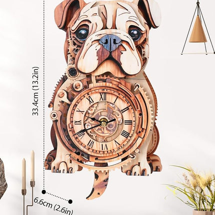 3D Wooden Puzzles for Adults, 3D Puzzles Bulldog Clock(with Pendulum) 32Pcs, Beginners Wooden Puzzle for Adults Teens Home Wall Decor Gift for Women Men