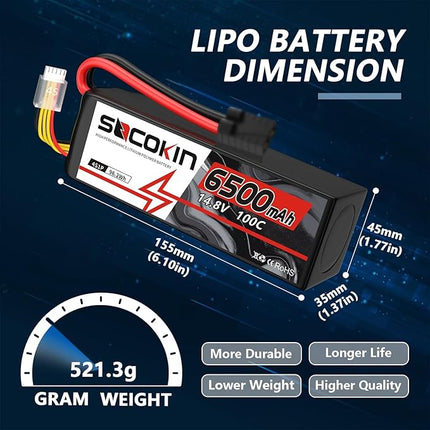 4S Lipo Battery 14.8V 6500mAh 100C Lipo Batterie with TR Connector Plug Soft Case for RC Car X-Maxx RC Boat RC Racing Truck Helicopter Airplane