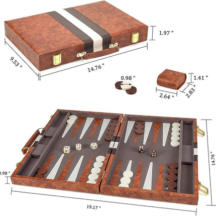 AMEROUS Backgammon Set, 15 Inches Classic Board Game with Leather Case, Folding Board, Gift Package, Portable Travel Strategy Backgammon Game Set for Adults, Kids (Medium, Brown)