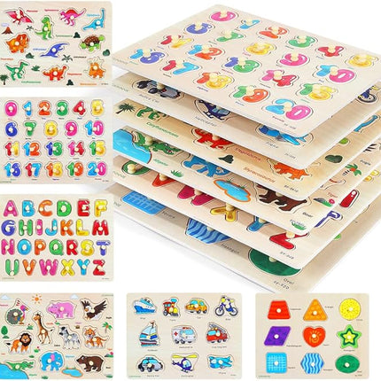 GRINNNIE Wooden Peg Puzzle for Toddlers, 6 Pack Toddler Puzzles Set for 3 4 5 Years Old (Alphabet Number Shape Animal Dinosaur Vehicle), Preschool Education Learning Puzzle Toys for Girls and Boys