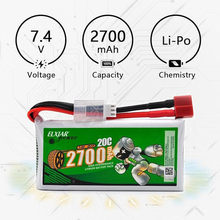 (2-Pack) 7.4V 2700mAh 20C Li-Po Battery Replacement for WLTOYS 12428 1/12 RC Car with Deans-T Plug and 2S Balance Charger Upgrade Rechargeable Pack