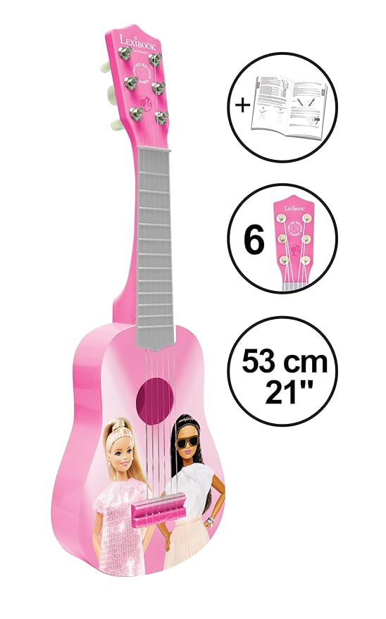 Lexibook Barbie, My First Guitar for Children, 6 Nylon Strings, 21’’ Long, Guide Included, Pink, K200BB