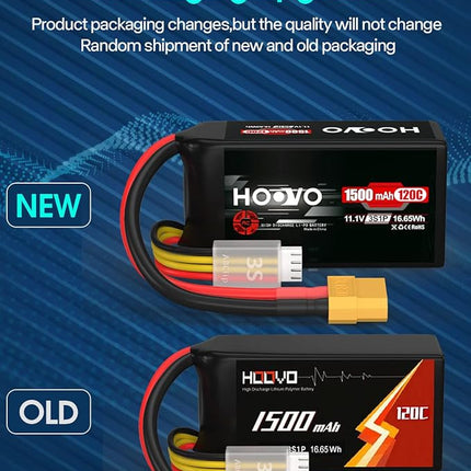 HOOVO 3S 120C 11.1V 1500mAh LiPo Battery with XT60 Plug for FPV Racing RC Quadcopter Helicopter Airplane Multi-Motor Hobby DIY Parts (2 Pack)