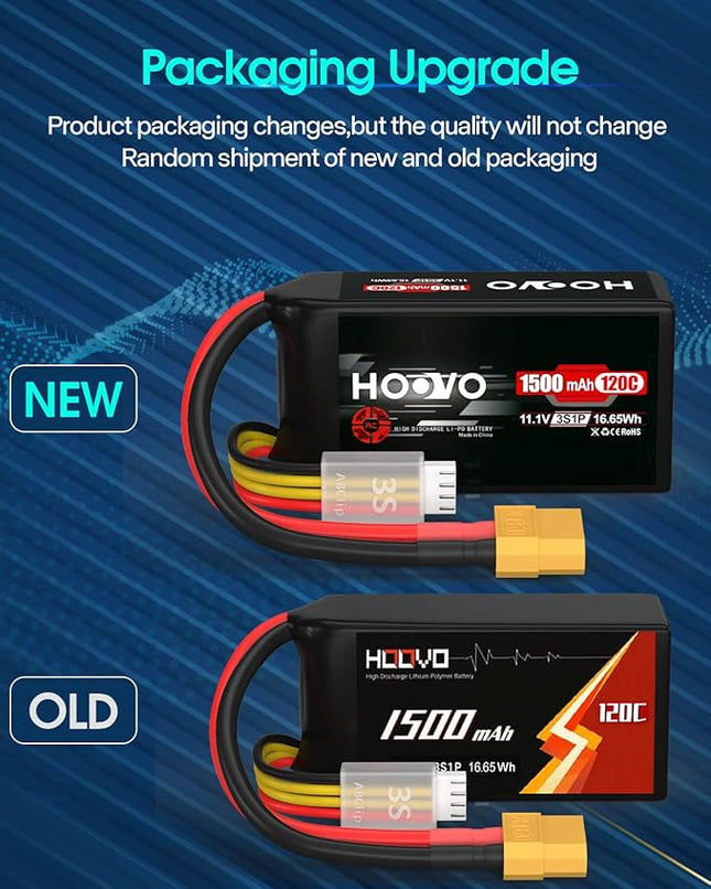 HOOVO 3S 120C 11.1V 1500mAh LiPo Battery with XT60 Plug for FPV Racing RC Quadcopter Helicopter Airplane Multi-Motor Hobby DIY Parts (2 Pack)
