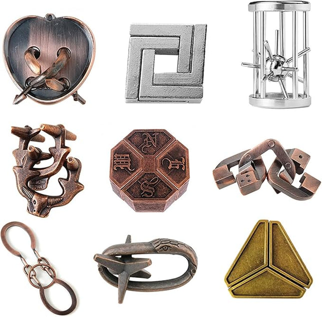 FantasyDay 9 Pcs Brain Teaser Puzzle,Metal Puzzle, Unlock Interlock IQ Test Game, Magic Trick Toy Gift for Kids and Adults