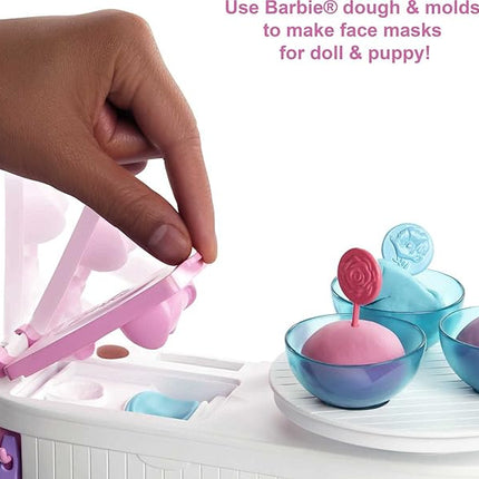 Barbie Face Mask Spa Day Playset with Brunette Doll, Puppy, Toy Spa Station with 4 Molds, 3 Tubs of Barbie Dough & 10+ Accessories to Create & Remove Face Blemishes on Doll & Puppy, for Kids