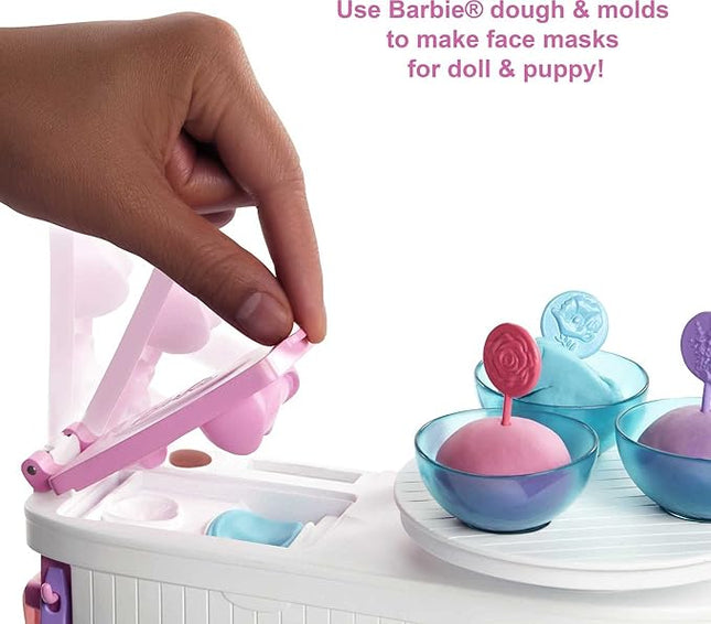 Barbie Face Mask Spa Day Playset with Brunette Doll, Puppy, Toy Spa Station with 4 Molds, 3 Tubs of Barbie Dough & 10+ Accessories to Create & Remove Face Blemishes on Doll & Puppy, for Kids