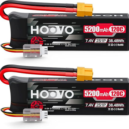HOOVO 2S Lipo Battery, 7.4V 5200mAh 120C RC Battery Pack,Softcase with XT60 Plug for RC Car Truck Buggy Crawler Airplane Boat RC Vehicle,2Packs