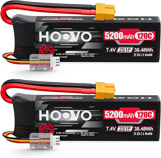 HOOVO 2S Lipo Battery, 7.4V 5200mAh 120C RC Battery Pack,Softcase with XT60 Plug for RC Car Truck Buggy Crawler Airplane Boat RC Vehicle,2Packs