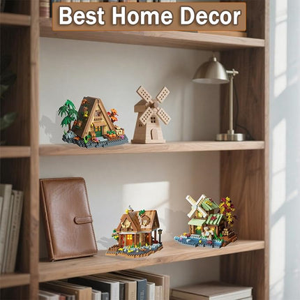 3 Mini Wooden Cabins Micro Building Blocks Toy Set, A-Frame House-Mountain Treehouse-Windfall Architecture Kit Compatible with Lego, Natural Construction Collection Gift for Adult, Teen(2000+PCS)