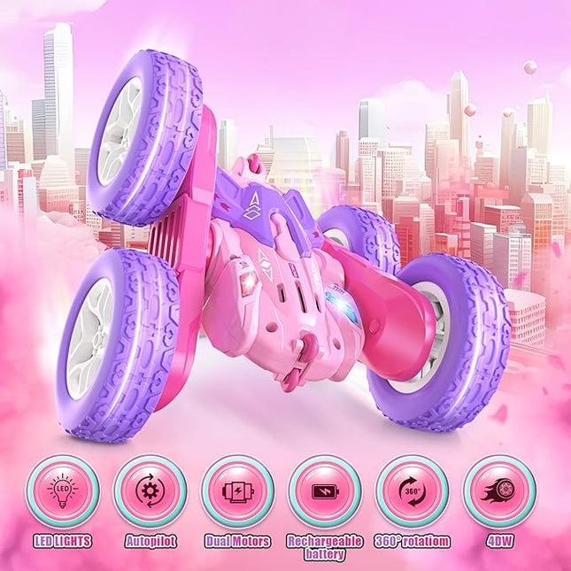 Remote Control Cars for Girls, 2.4GHz RC Stunt Car with 360° Flips & Double Sided Driving, Changeable Wheels, LED Headlights, Birthday Gift for 5-12 Year Old Girls (Pink)